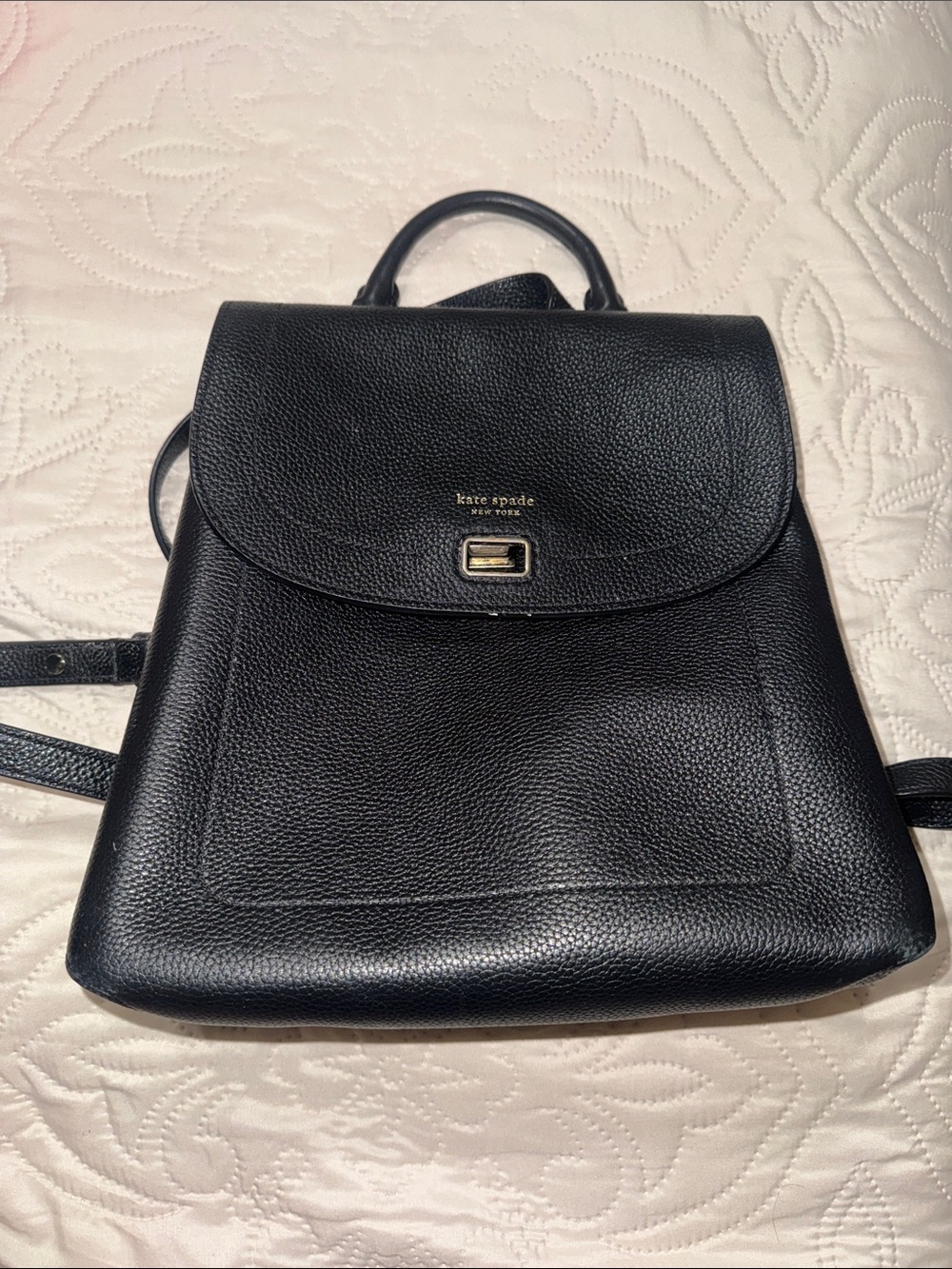 kate spade Black Pebbled Leather Flap Backpack with Gold Hardware - Picture 3 of 8